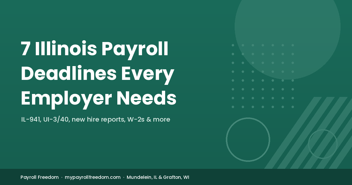 Payroll Freedom featured image listing 7 Illinois payroll compliance deadlines, including IL-941, UI-3/40, and W-2 filing.