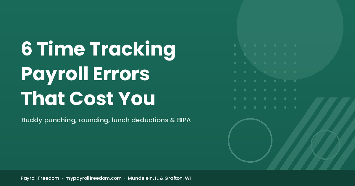 Payroll Freedom featured image on 6 time tracking payroll errors, including buddy punching, rounding, lunch deductions, and BIPA.